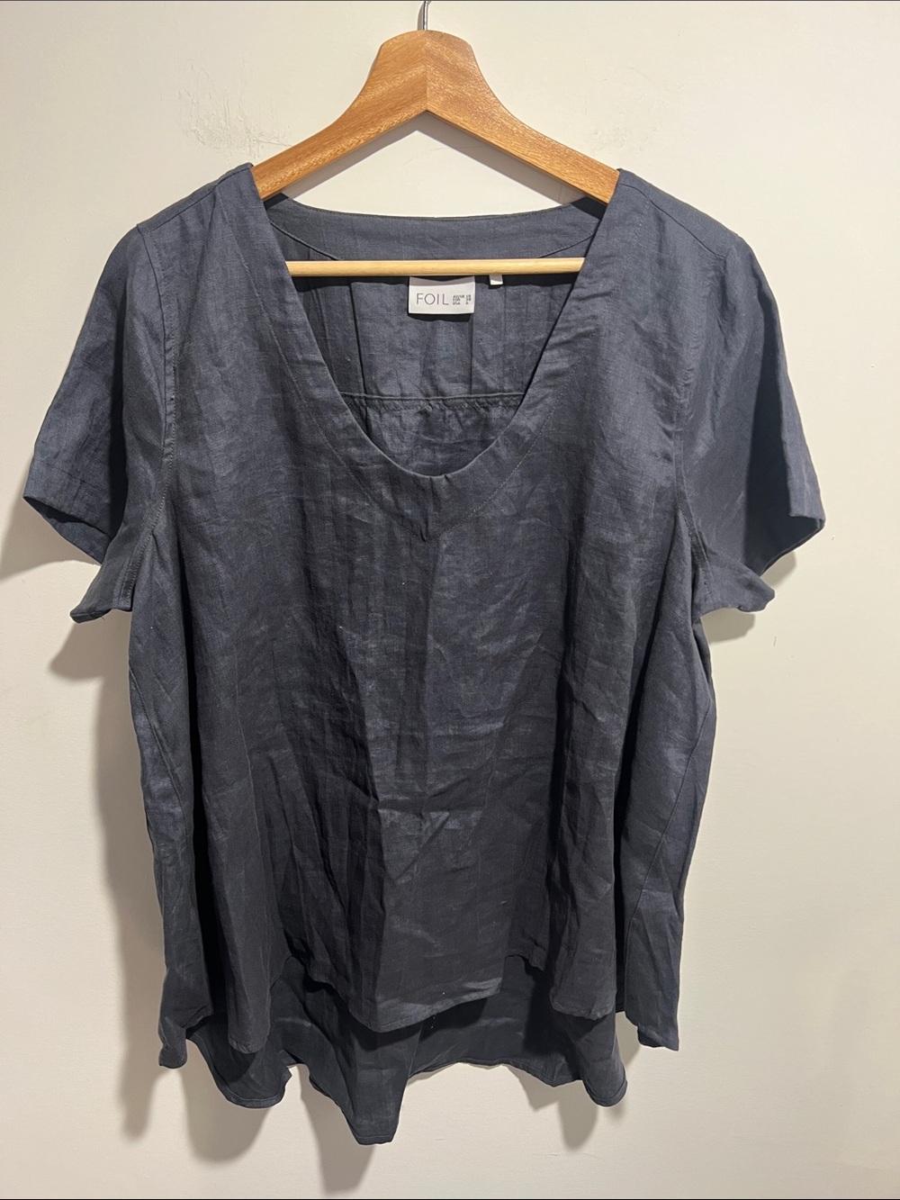 Foil Slate Gray Blue 100% V-Neck Linen Short Sleeve Oversized Top Size 6